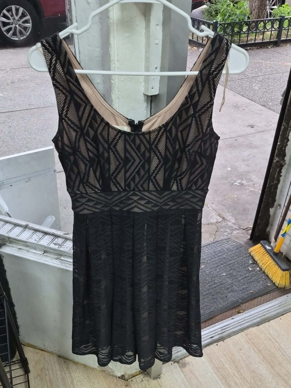 London Times Black Lace Mini Dress with Nude Lining